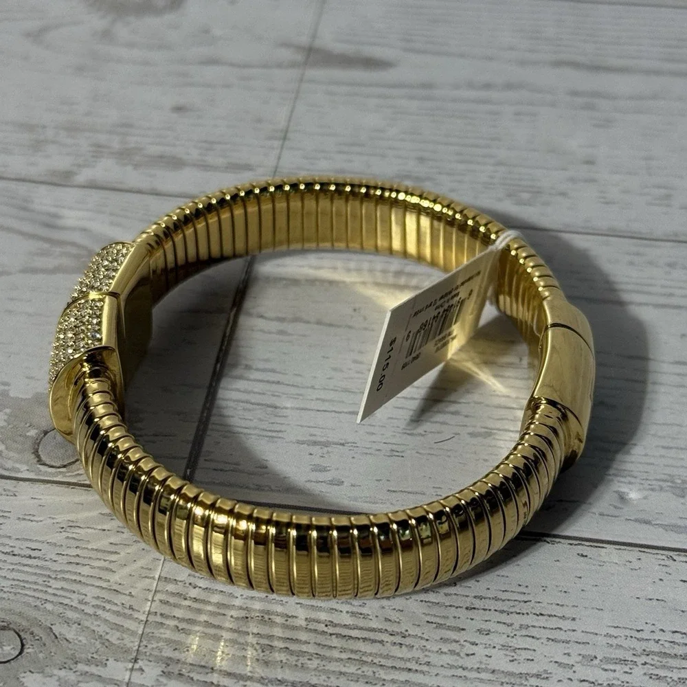 Michael Kors MK Gold Tone Pavé Crystal Hinged Bangle Bracelet Designer Bling Bag